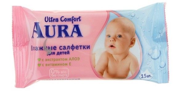Салфетки влажные для детей "AURA ULTRA COMFORT", 15 шт, микс