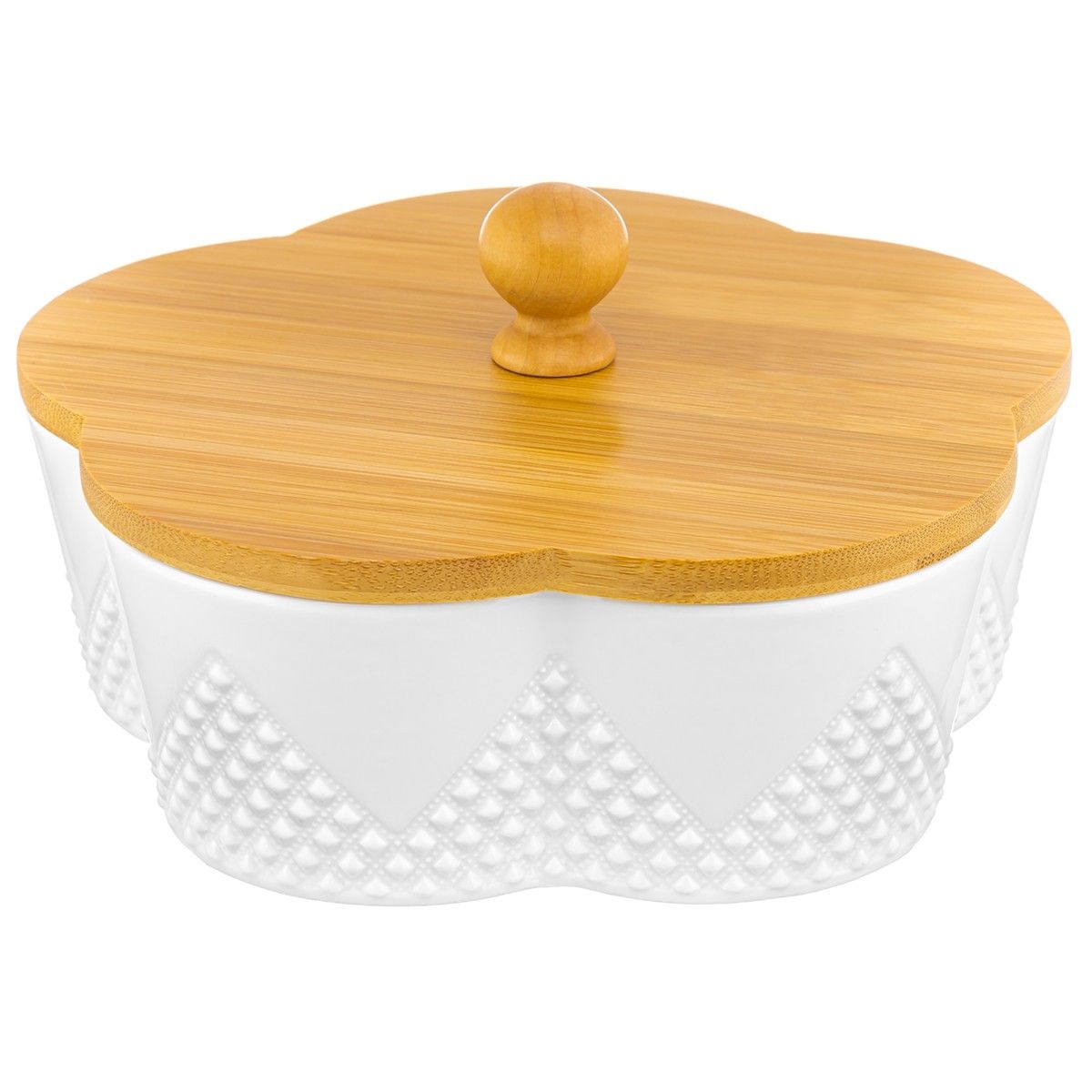 Банка фарфоровая для печенья круглая рельефная "Цветок Ромбики" 19,5*19,5*10 см, 900 мл, высота без крышки 6 см, с деревянной крышкой