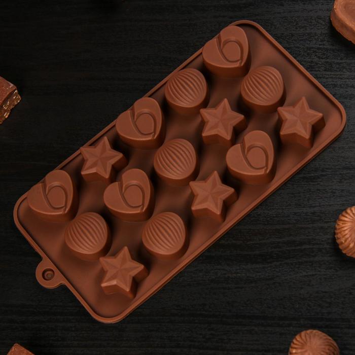 Форма для льда и шоколада 15 ячеек 20,6х10,3х1 см "Звезды, ракушки, сердца" цвет шоколадный 2854846 