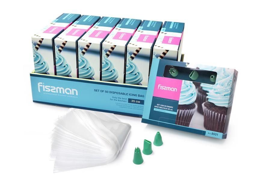 8531 FISSMAN Набор из 50 одноразовых кондитерских мешков 35 см с 3 насадками (пластик)