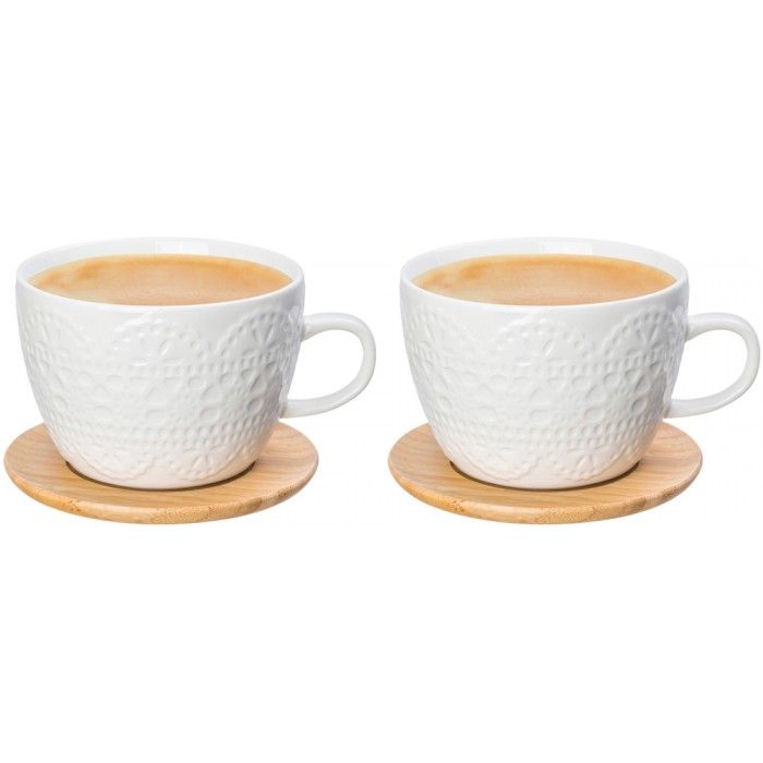 Чашка для капучино и кофе латте "Кружево" 14*11,2*8 см, 500 мл, на деревянной подставке, диаметр подставки - 12,5 см, высота подставки - 0,5 см (2 шту