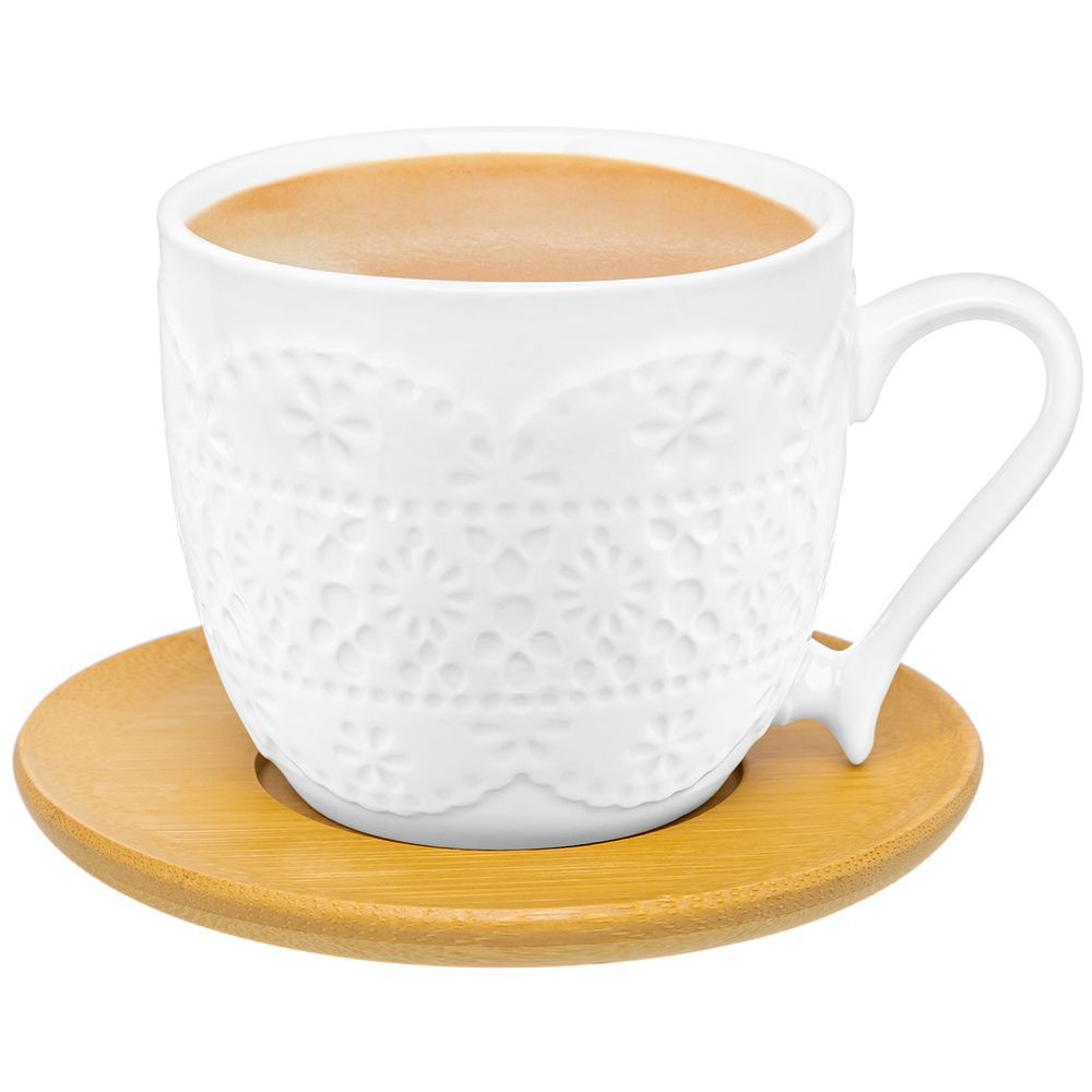 Чашка для капучино и кофе латте "Кружево" 11*8,3*7,5 см 220 мл, с деревянной подставкой, диаметр подставки - 12 см