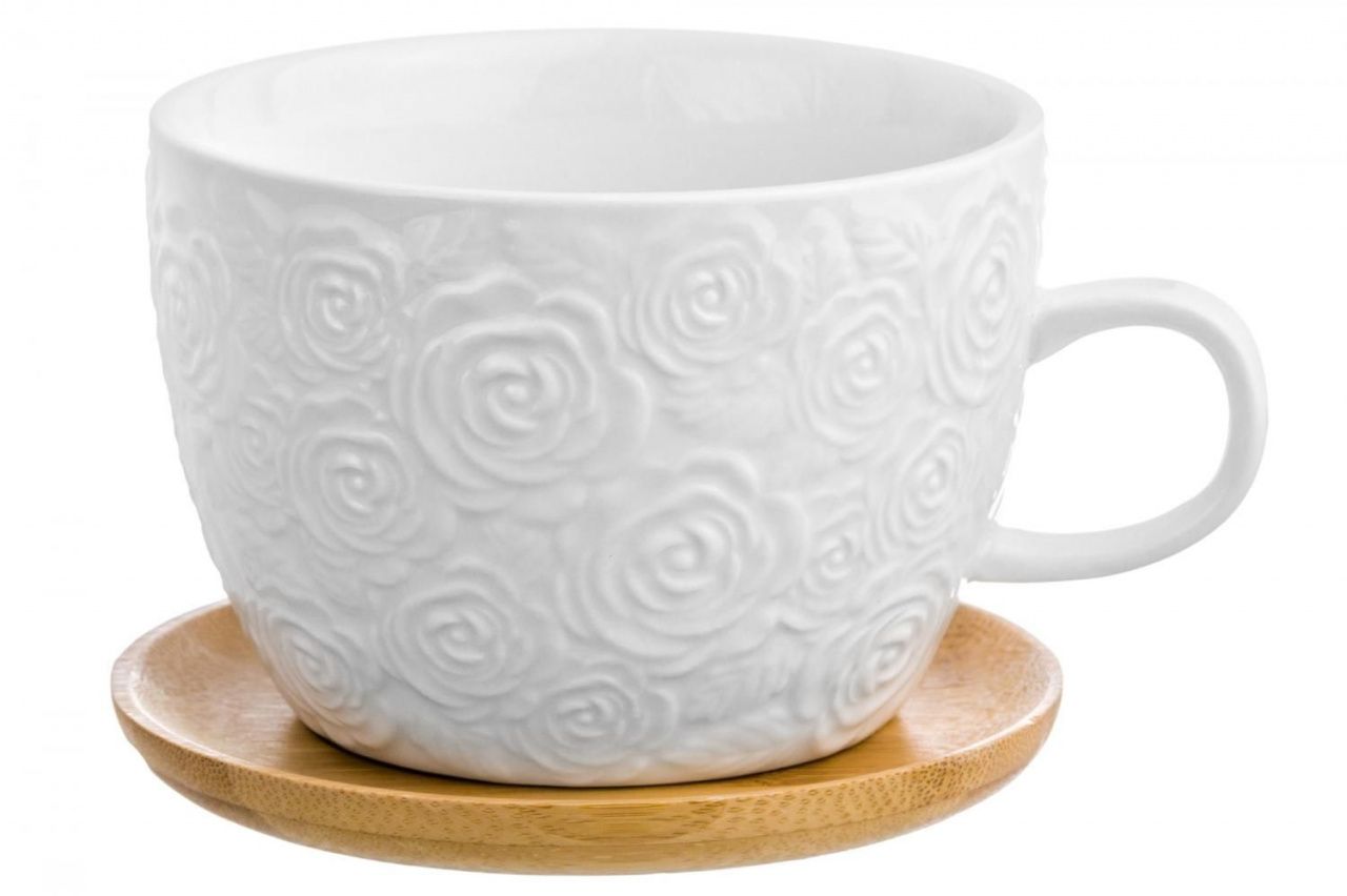 Чашка для капучино и кофе латте "Розы" 500 мл 14,5*12,8*9 см, с деревянной подставкой, диаметр подставки - 12,8 см