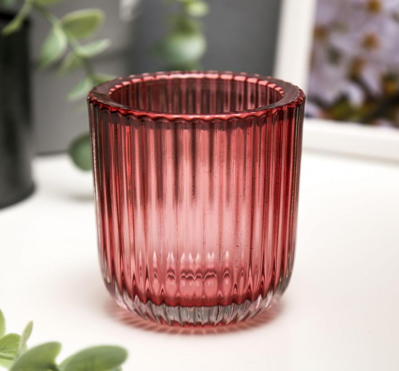 Подсвечник стекло на 1 свечу "Гофре" прозрачный розовый 7,5х7,4х7,4 см   5163386