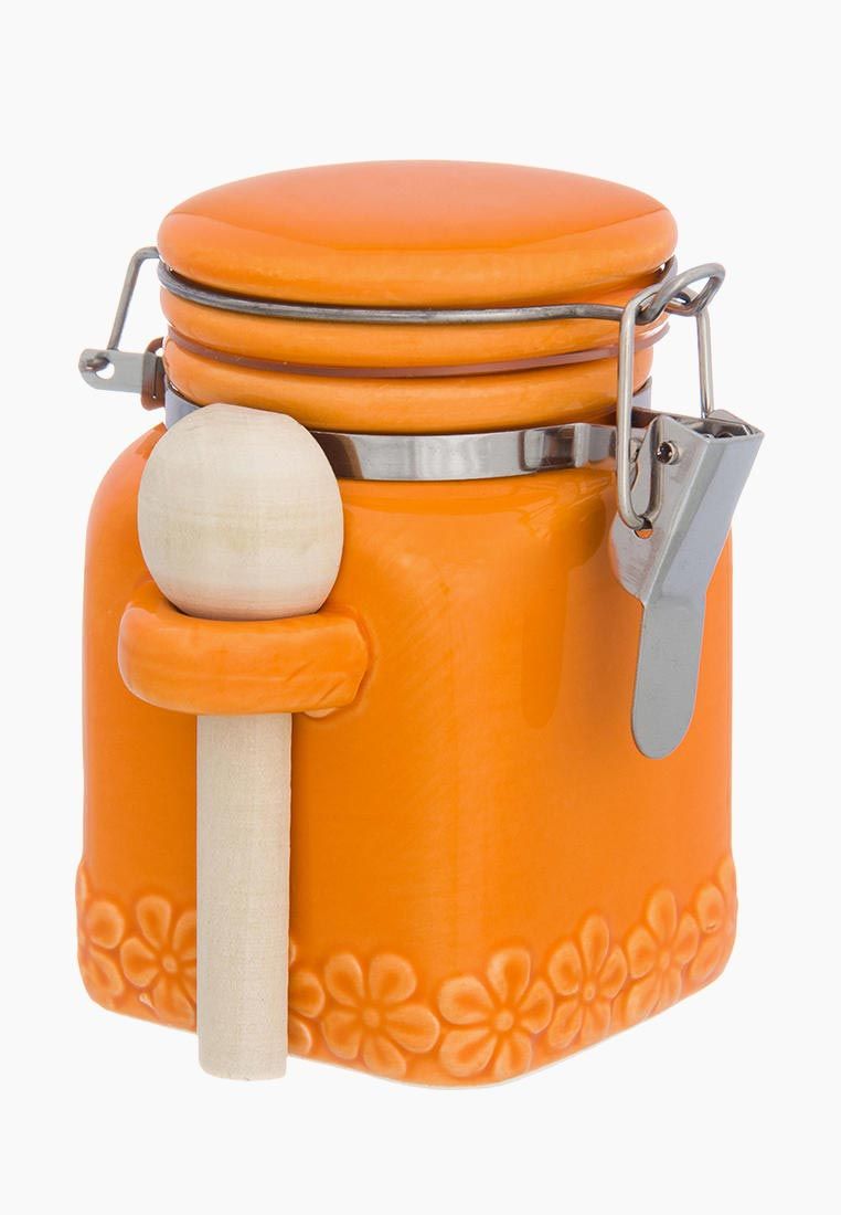 Баночка для специй "Оранжевая с цветами" 9*7,5*9,5 см 160 мл, с деревянной ложкой, крышка с металлическим зажимом