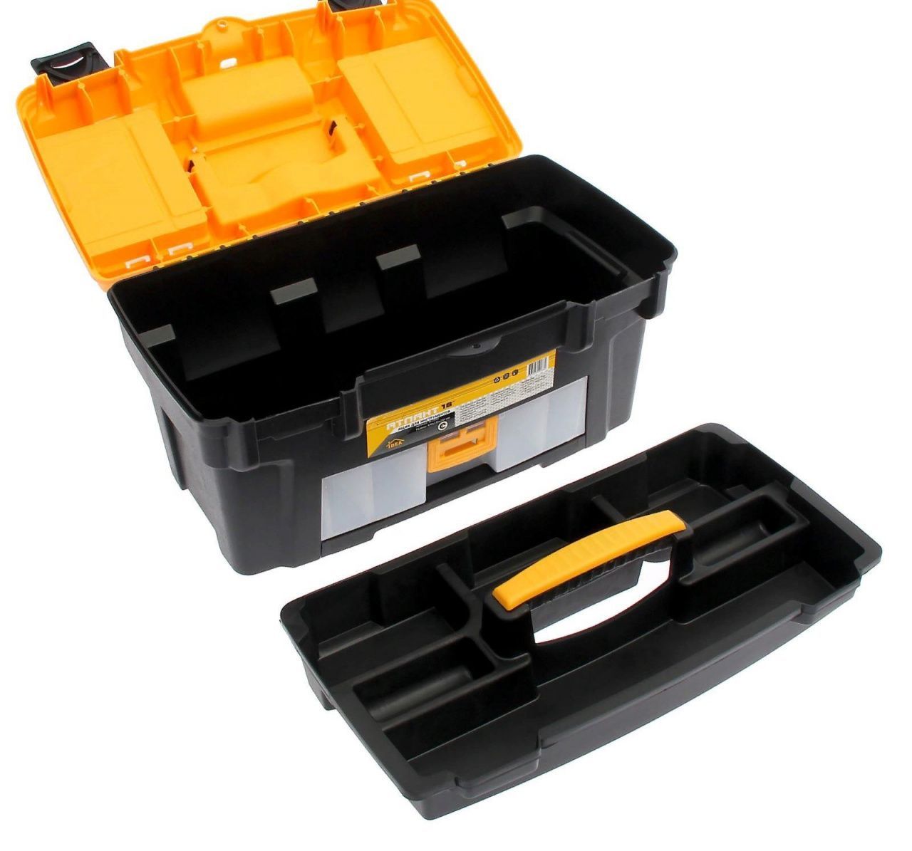 Ящик для инструментов АТЛАНТ 18' (с консолью и секциями) черный с желтым