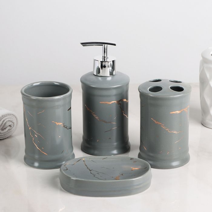 Набор для ванной "Гроза", 4 предмета (мыльница, дозатор для мыла, 2 стакана), цвет серый   4563549   