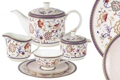 Чайный сервиз "Королева Анна" 21 предмет на 6 персон  (6 чашек 0.2л , 6 блюдец, 6 тарелок 21см , чайник 1.0л , сахарница 0.25л , молочник 0.275 )