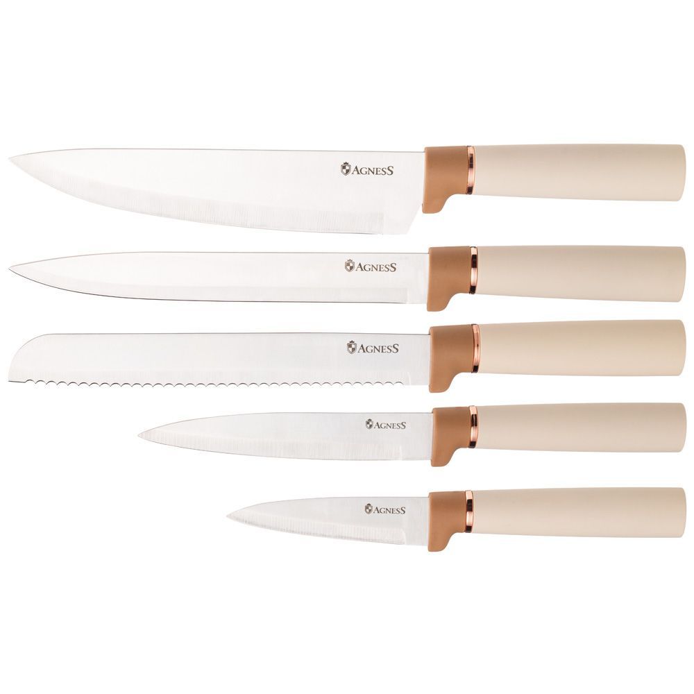 #Набор из 12пр: 5 ножей, доска, подставка, половник, ложка, лопатка, шумовка, ложка agness 671-200