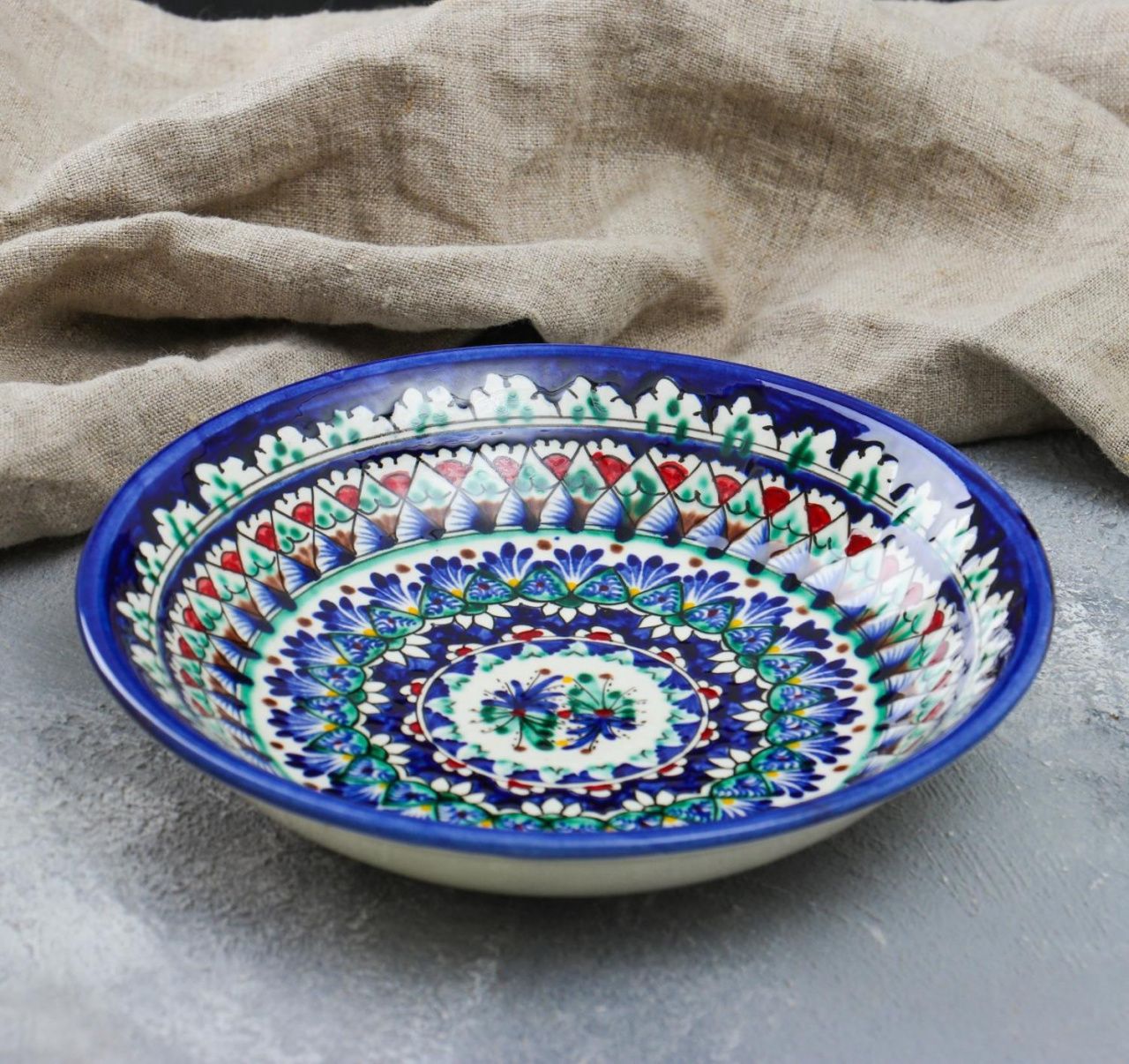 Тарелка Риштанская Керамика "Узоры", синяя, глубокая, 20 см 1573756   