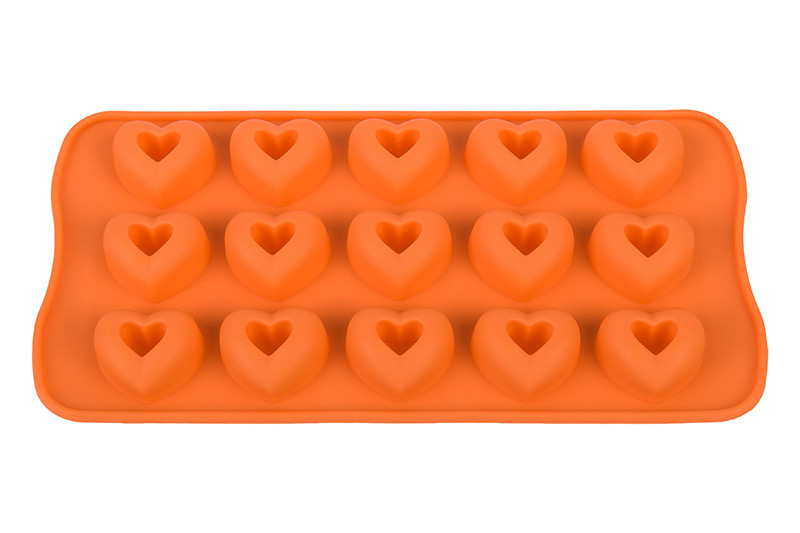 Форма силиконовая для шоколадных изделий и льда "Сердечки" оранжевая, с выемкой, 15 ячеек, 21*10,5*2 см., упаковка - картонный хедер