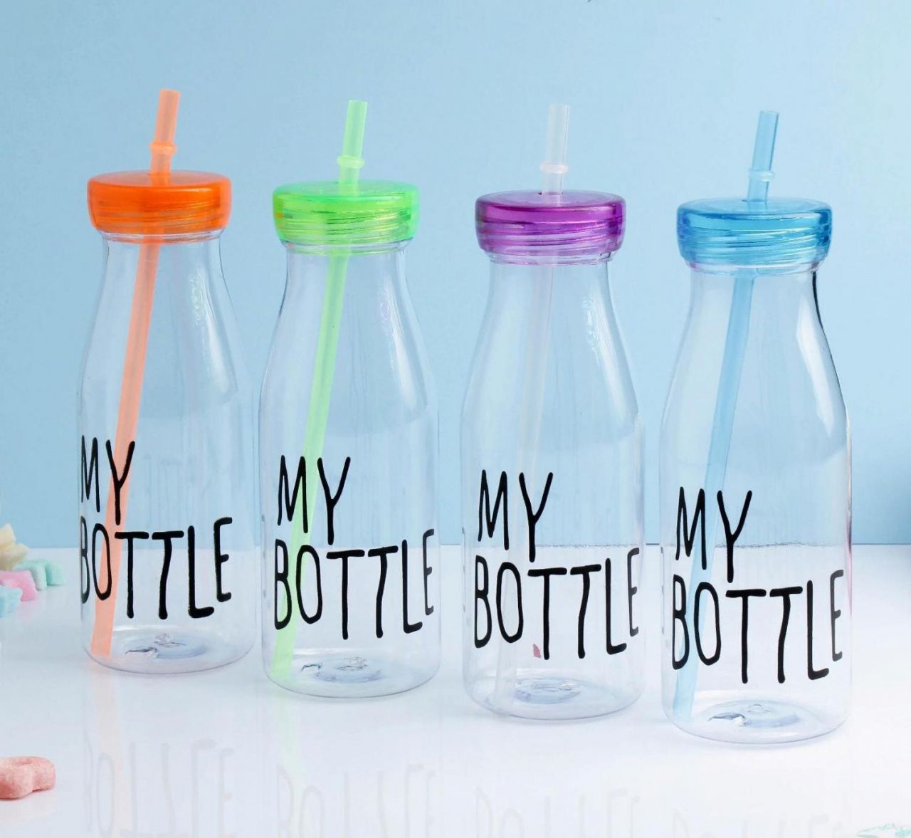 Бутылка для воды "My bottle", 550 мл, с трубочкой, спортивная, прозрачная, микс, 7х14.5 см 4151914