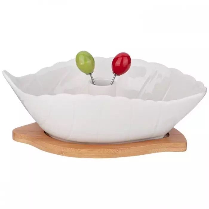 #Салатник lefard "Native" в форме листа 550 мл 22,3*13,5*6,9 см на дер.подставке 2 вилочки 474-218