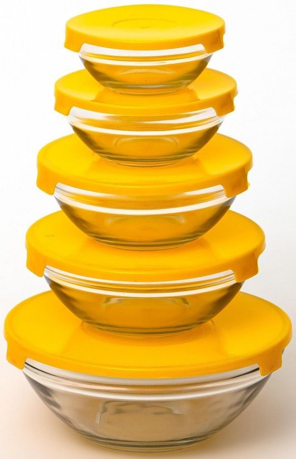 Миска (салатник) с крышкой 900мл/470мл/350мл/200мл/130мл, стекло, желтая, 153-39006 OLAFF