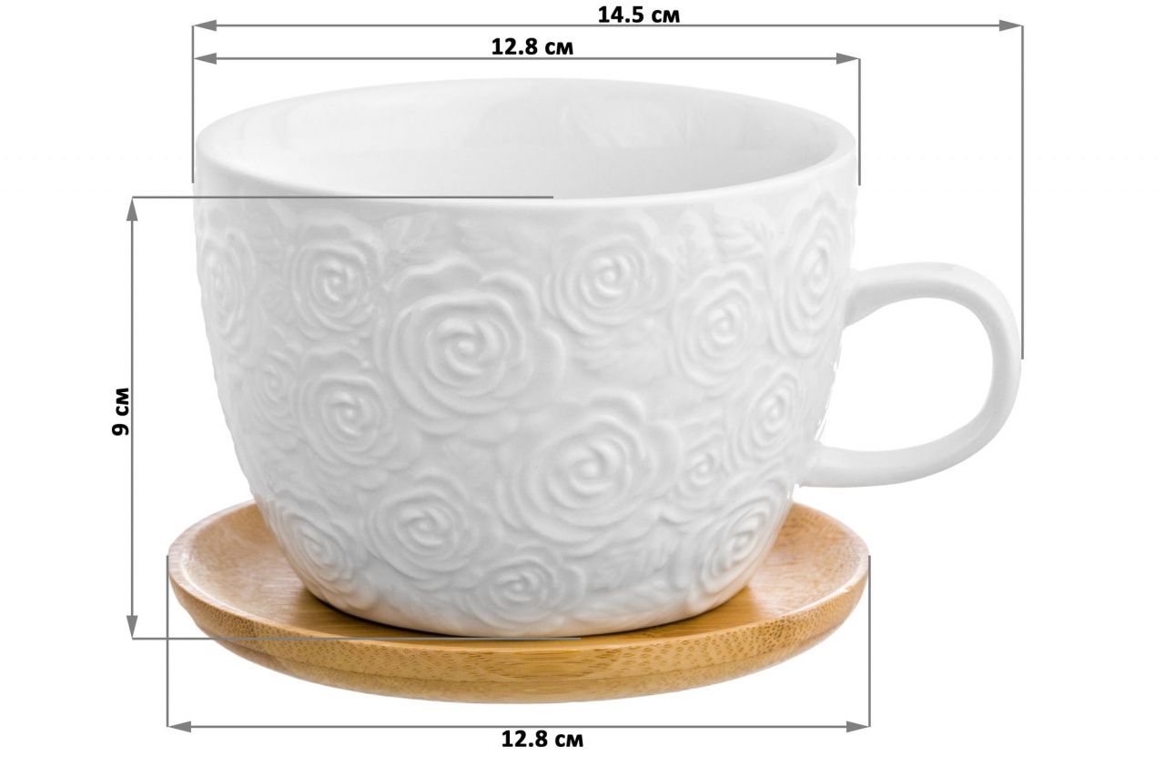 Чашка для капучино и кофе латте "Розы" 500 мл 14,5*12,8*9 см, с деревянной подставкой, диаметр подставки - 12,8 см