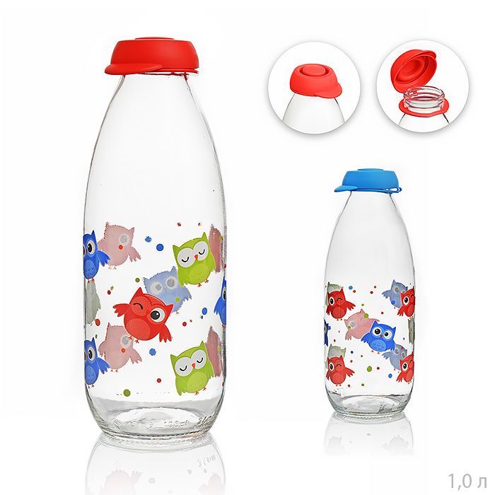 Бутыль для молока стекл.с пласт.крышкой  V=1,0 л, рис.Совы 111736-000