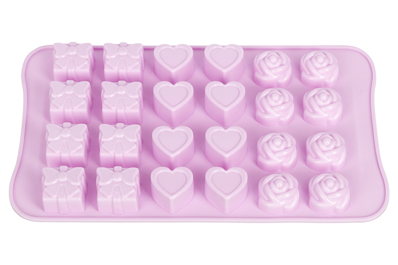 Форма силиконовая для шоколадных изделий и льда "Микс" сиреневая, 24 ячейки ( бантик, сердце, роза) 23,3*14*2 см, упаковка - картонный хедер