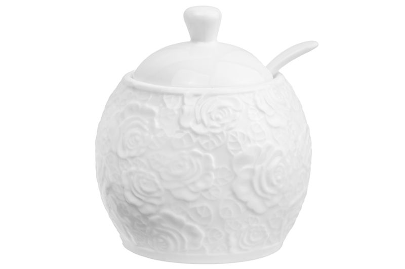 Сахарница "Белые розы" 9*9*10,5 см 300 мл, с ложкой, высота без крышки - 7 см, длина ложки - 12,5 см, фарфор