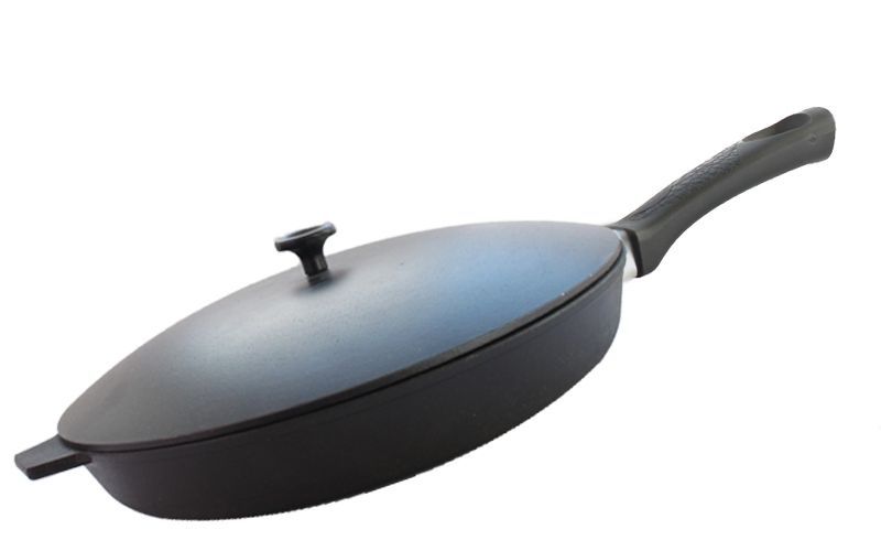#Сковорода литая чугунная 260х40 с бакелитовой ручкой с алюминиевой  крышкой, б6041.