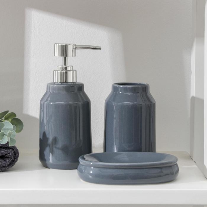 Набор для ванной "Глянец" 3 предмета (мыльница. дозатор для мыла, стакан), цвет серый   5459657