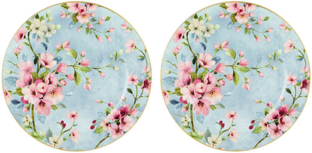 Набор десертных круглых тарелок "Яблоневый цвет на голубом" 2 предмета, 19*19*2 см - каждая, NEW BONE CHINA