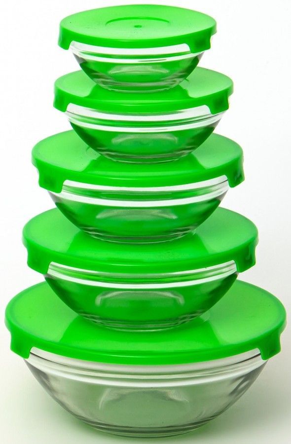 Миска (салатник) с крышкой 900мл/470мл/350мл/200мл/130мл, стекло, зеленая, 153-39002 OLAFF