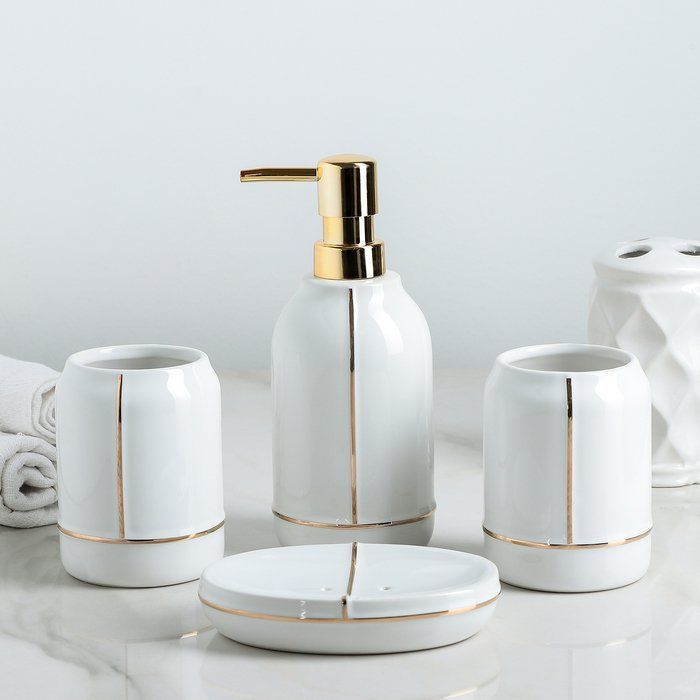 Набор для ванной "Лайн", 4 предмета (мыльница, дозатор для мыла, 2 стакана), цвет белый   4563569
