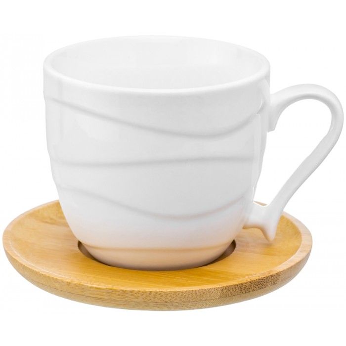 Чашка для капучино и кофе латте "Айсберг волны" 11*8,3*7,5 см, 220 мл, на  деревянной подставке, диаметр подставки - 12 см