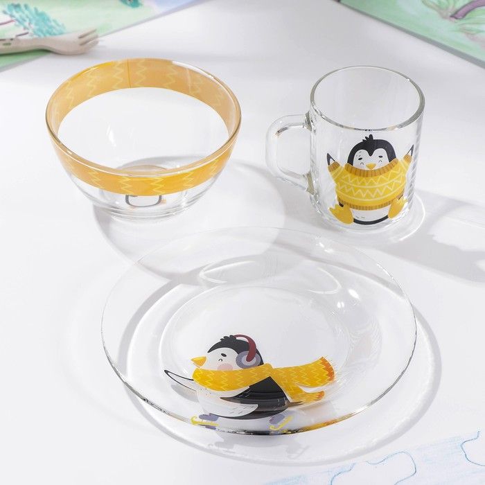 Набор детской посуды 3 предмета "Пингвинёнок" миска 450 мл, тарелка 20 см, кружка 200 7337118