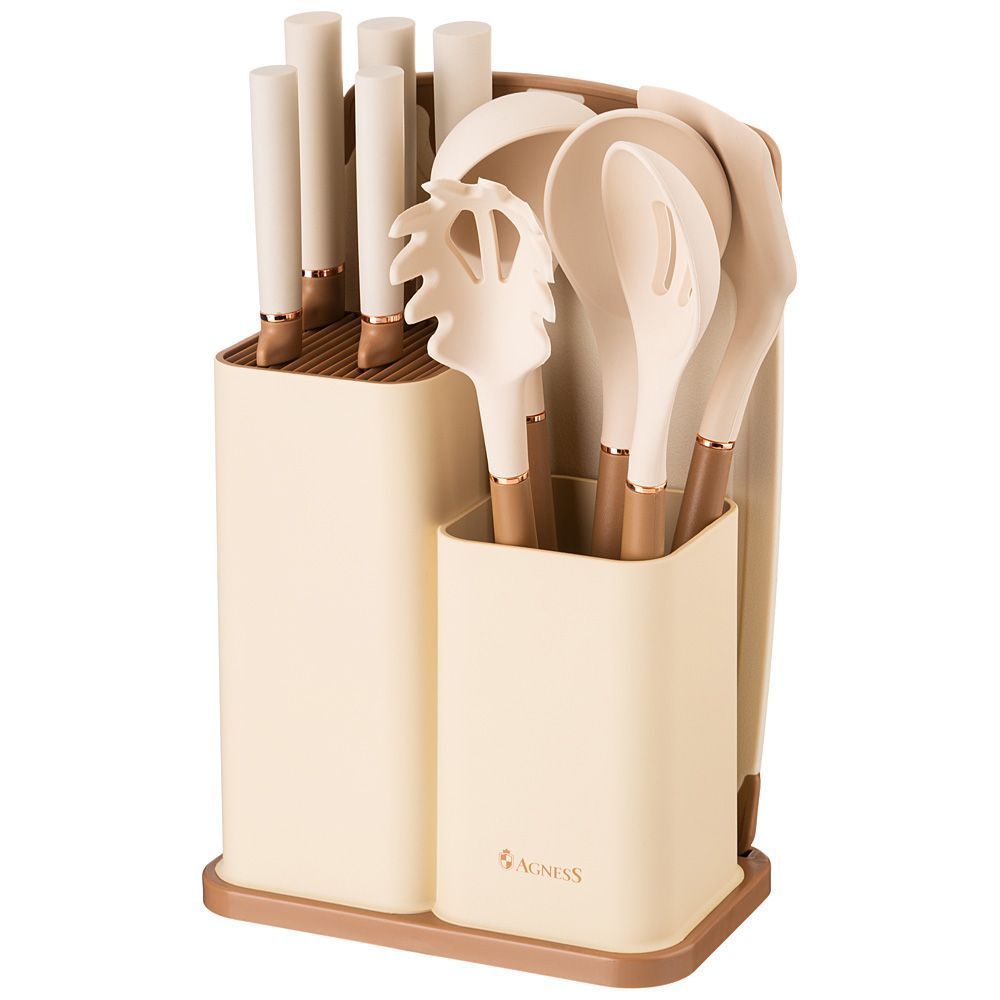 #Набор из 12пр: 5 ножей, доска, подставка, половник, ложка, лопатка, шумовка, ложка agness 671-200