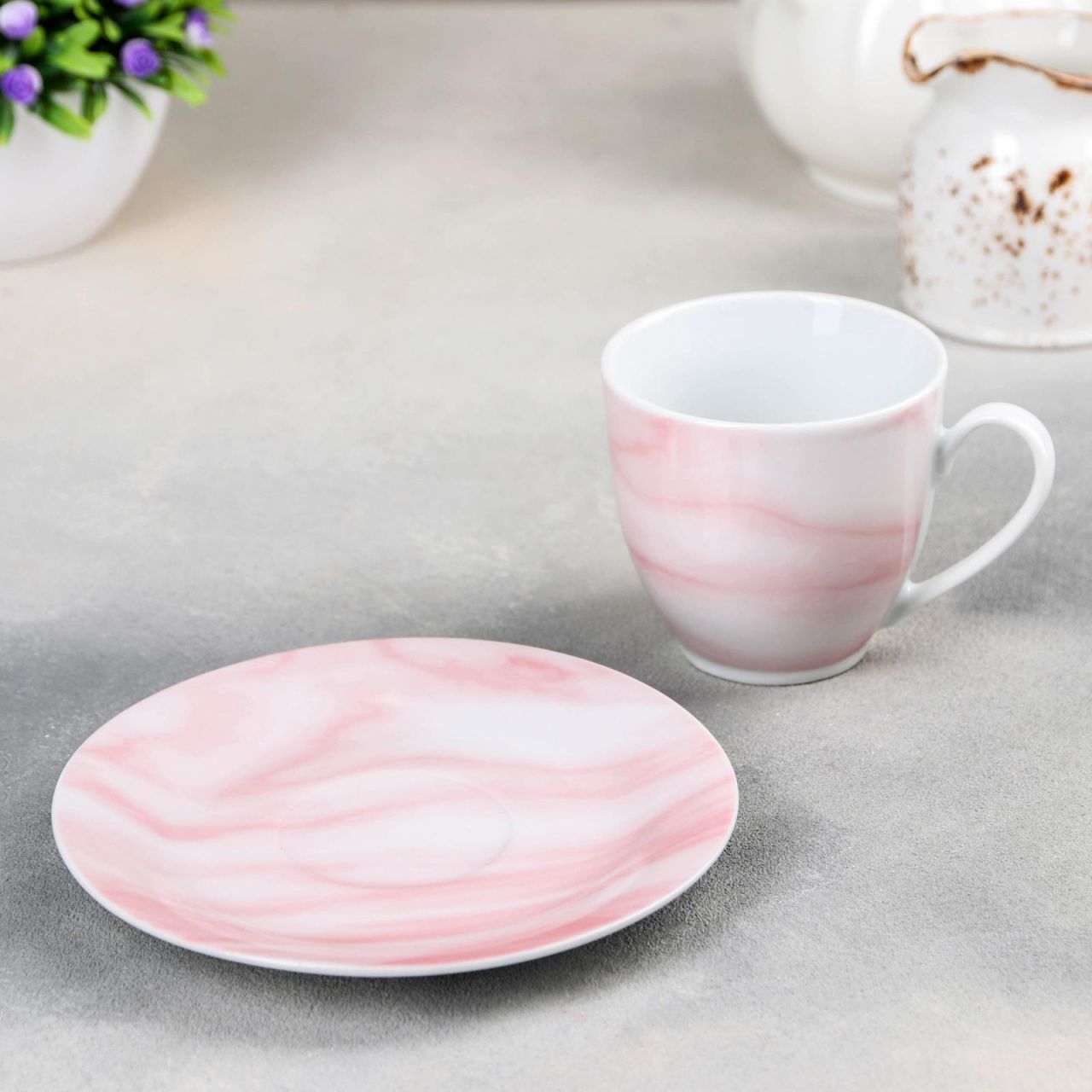 Чайная пара "Мрамор", чашка и блюдце, цвет розовый и серый MB02