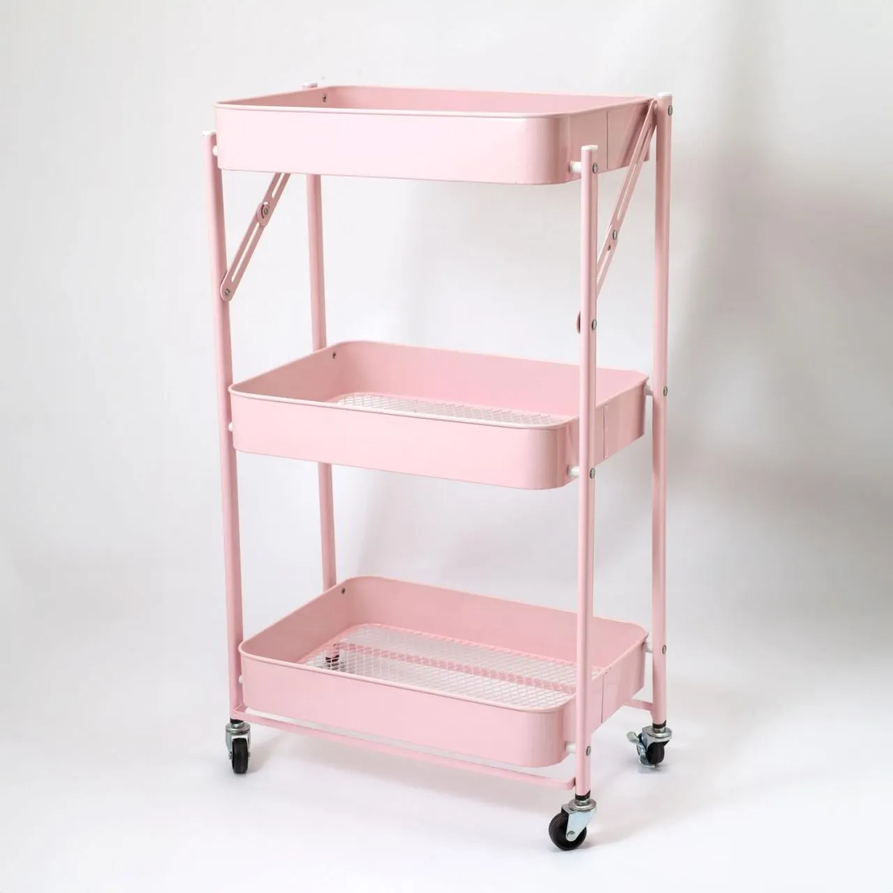 Стеллаж складной 3-х этажный, на колесиках метал, цвет розовый 16365-31