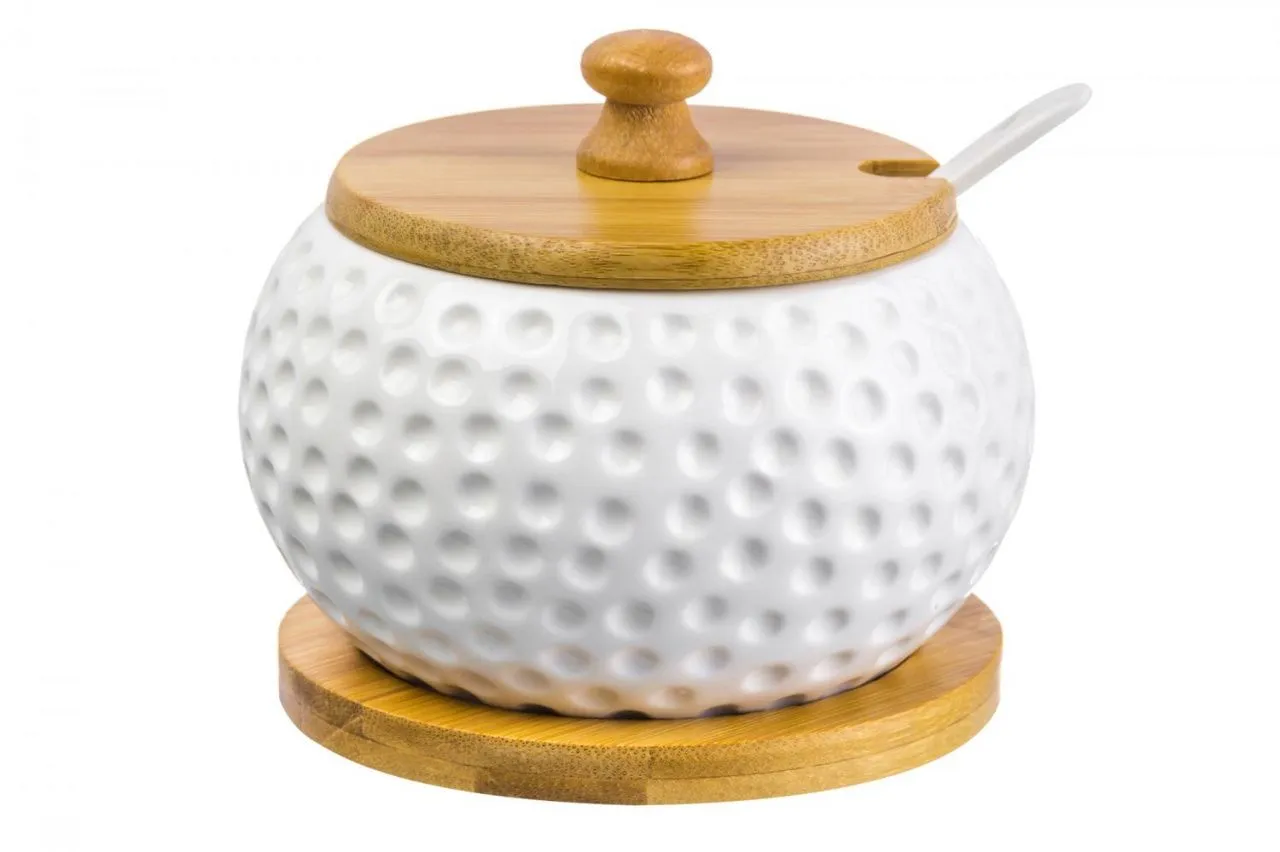 Сахарница "Сфера" 11*11*9,5 см, 310 мл, с ложкой и деревянной крышкой, на деревянной подставке, высота без крышки и подставки - 6 см, высота подставки