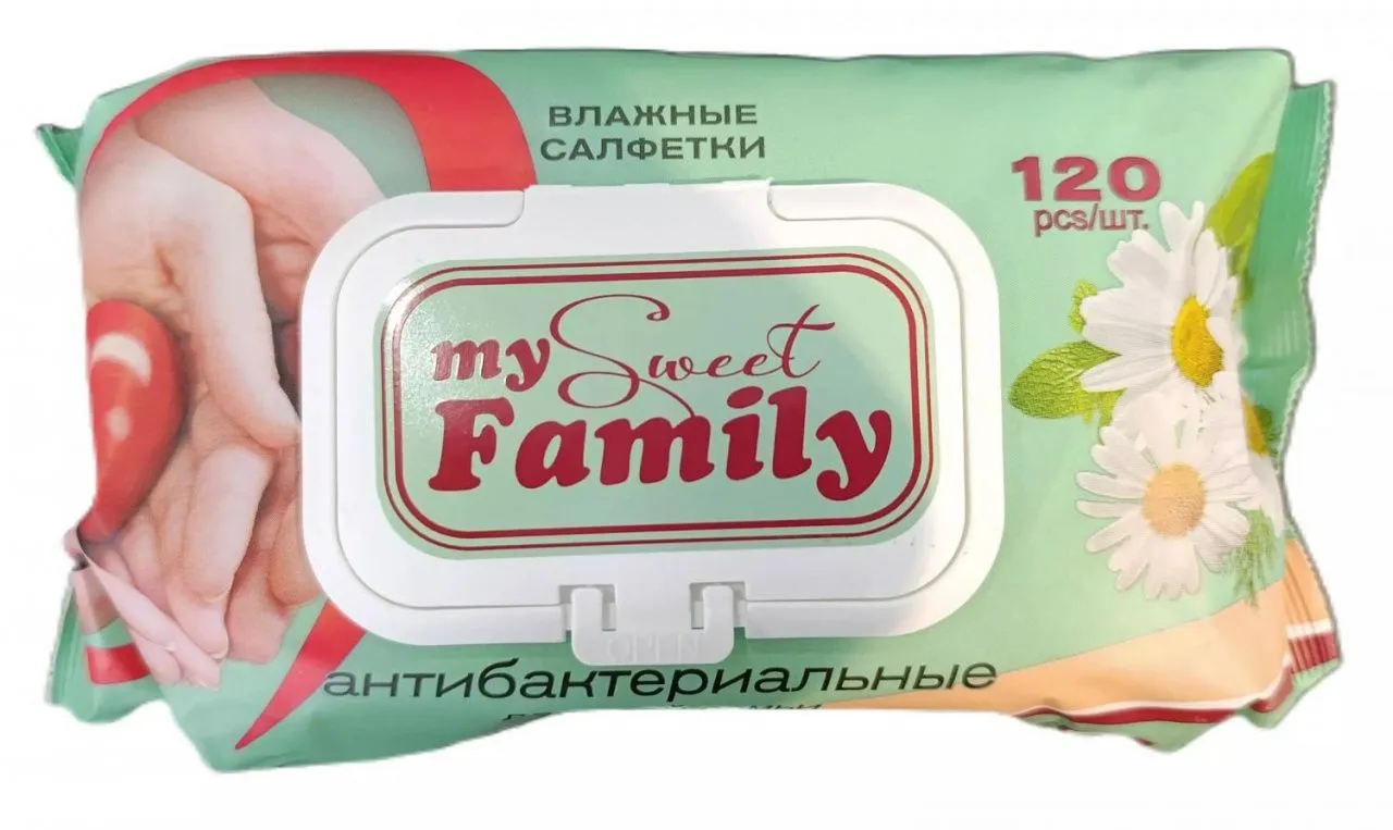 My sweet family Влажные салфетки №120 ЗЕЛЕНЫЕ антибактериальные с клапаном (12шт)