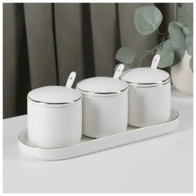 #Набор банок на керам подставке 3 шт "Пастель" 250 мл, 3 банки 8х8 см, 3 ложки, цвет белый   6941048
