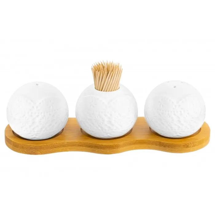 Вазочка под зубочистки + набор для специй "Кружево" 3 предмета, 19,5*7*6 см - в наборе, 6*6*5 см, 75 мл - каждая, на деревянной подставке