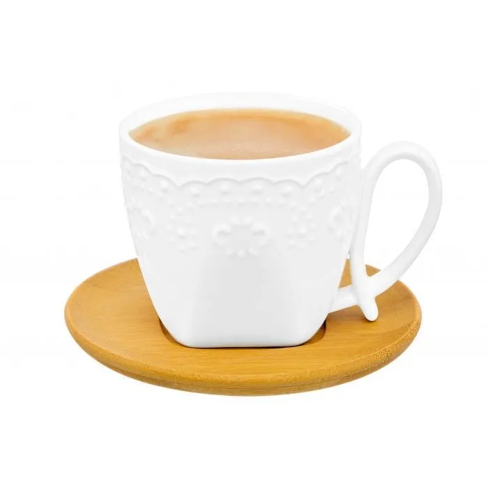 Чашка для капучино и кофе латте "Белый узор" 11*7,5*7 см 200 мл, ручка - петля, с деревянной подставкой, диаметр подставки - 12 см