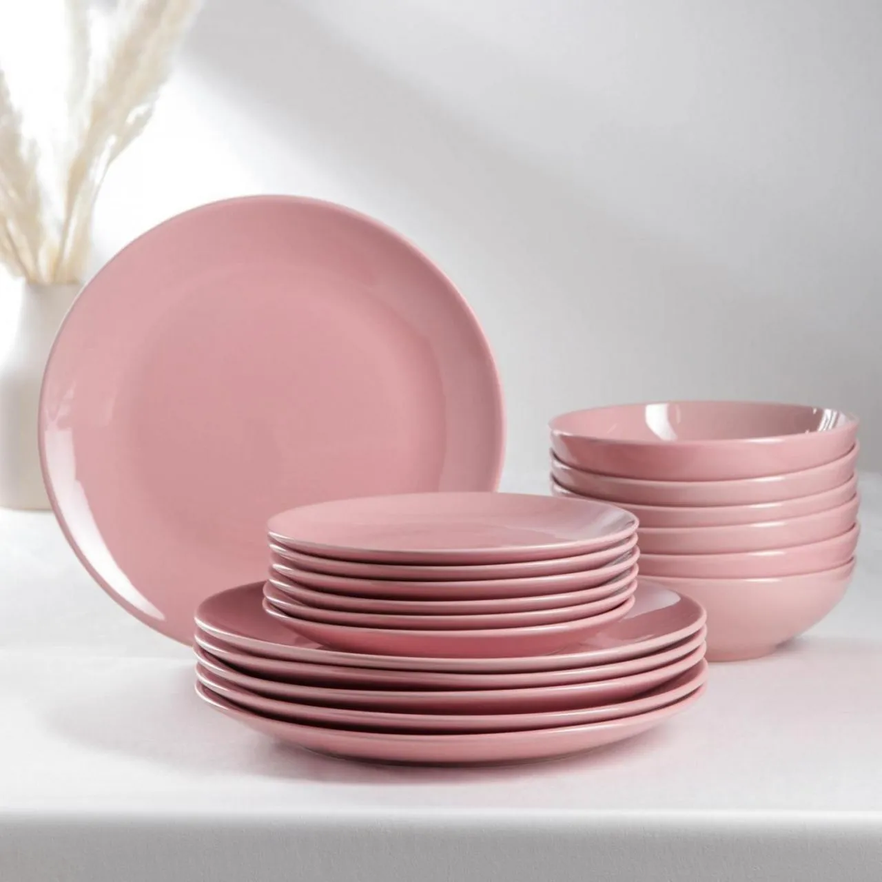 Набор тарелок 18 шт "Пастель" 6 тар 19 см, 6 тар 27 см, 6 мисок 19 см, цвет розовый   5046412   