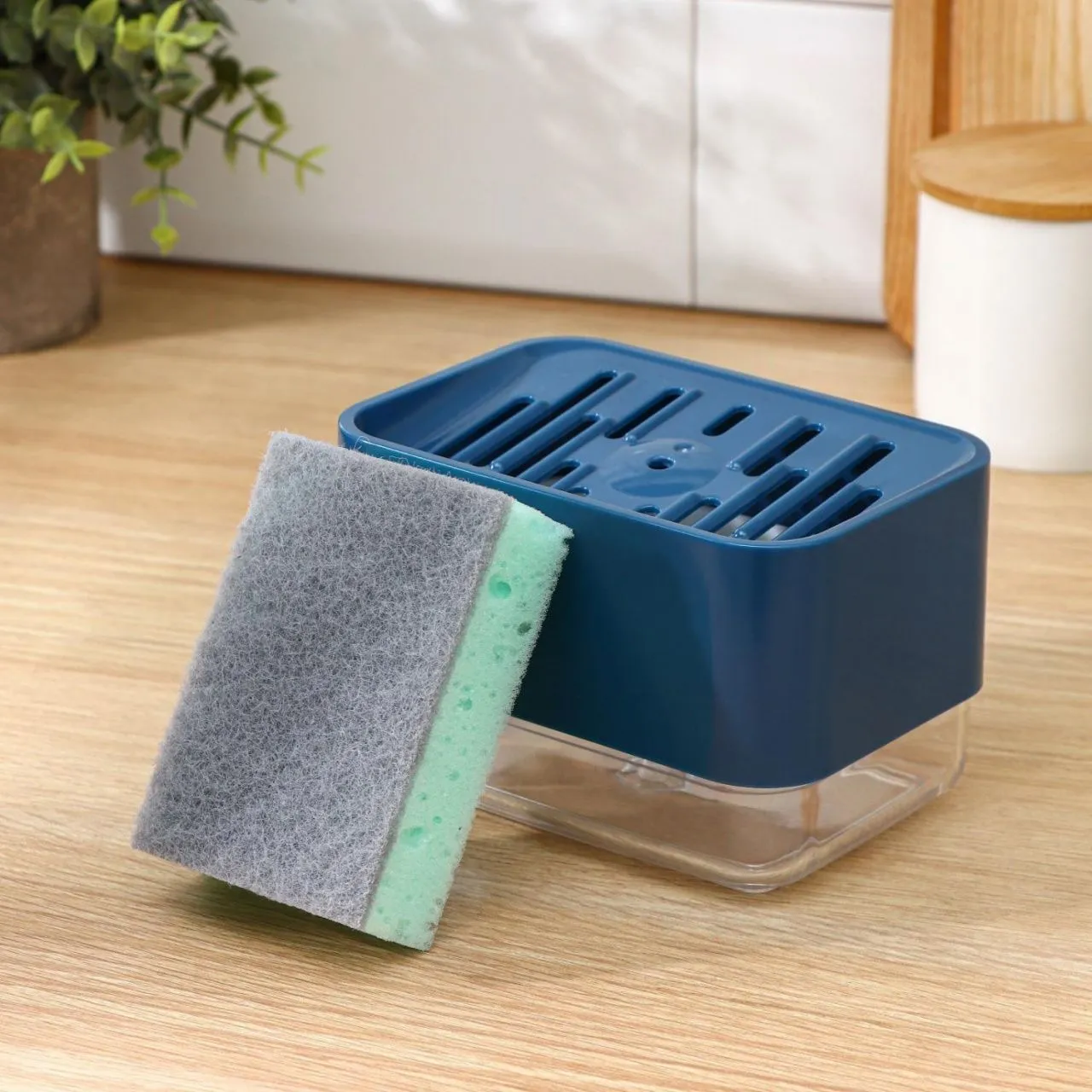 #Дозатор для моющего средства с подставкой для губки, губка в комплекте, цвет синий   9490476