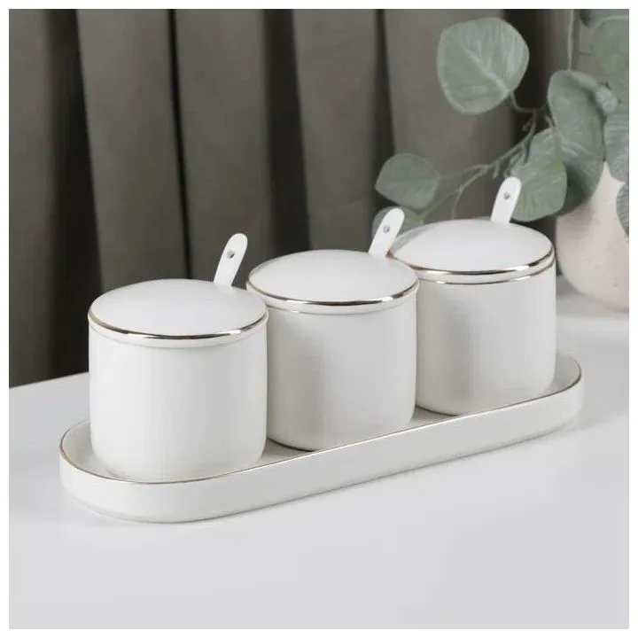 #Набор банок на керам подставке 3 шт "Пастель" 250 мл, 3 банки 8х8 см, 3 ложки, цвет белый   6941048