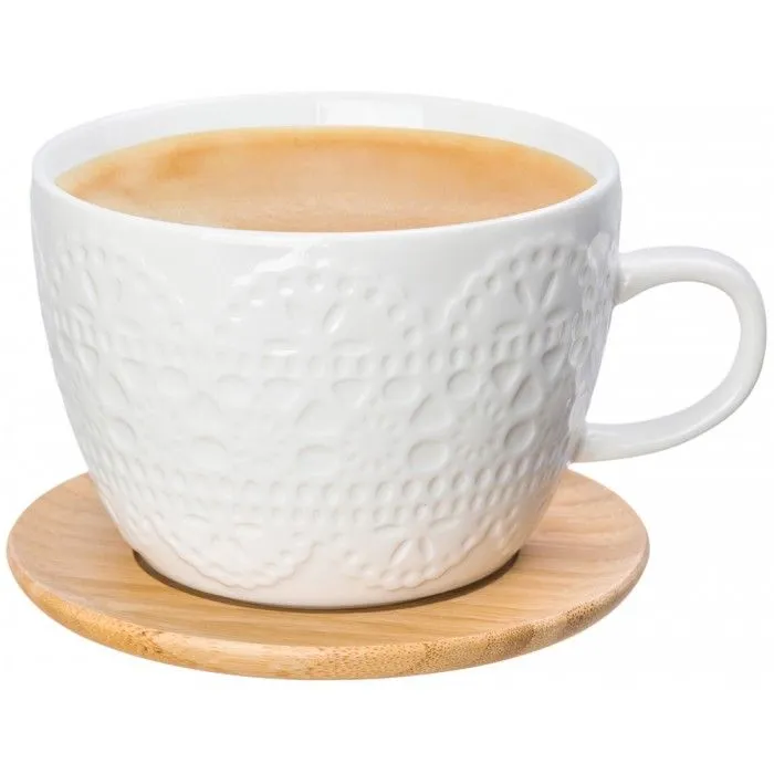 Чашка для капучино и кофе латте "Кружево" 14*11,2*8 см, 500 мл, на деревянной подставке, диаметр подставки - 12,5 см, высота подставки - 0,5 см