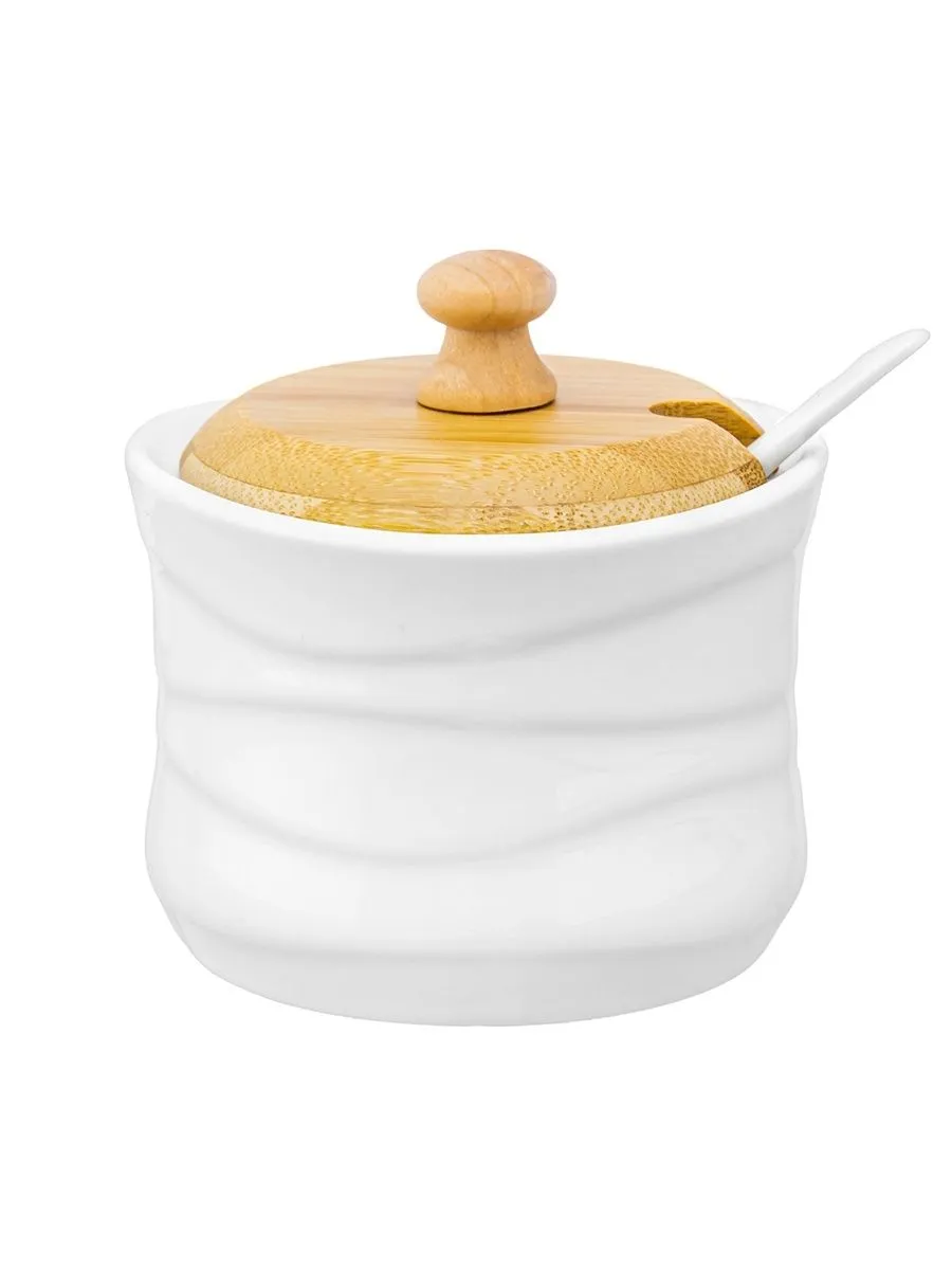 Баночка для специй "Айсберг волны" 9,5*9*9,5 см, 250 мл, с деревянной крышкой, с ложкой