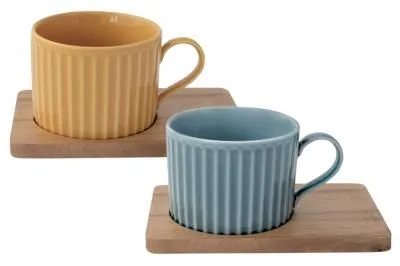 #Набор из 2-х чашек 0.25л (син+жёлт) на подставке (акация) "Время отдыха" в подарочной упаковке.