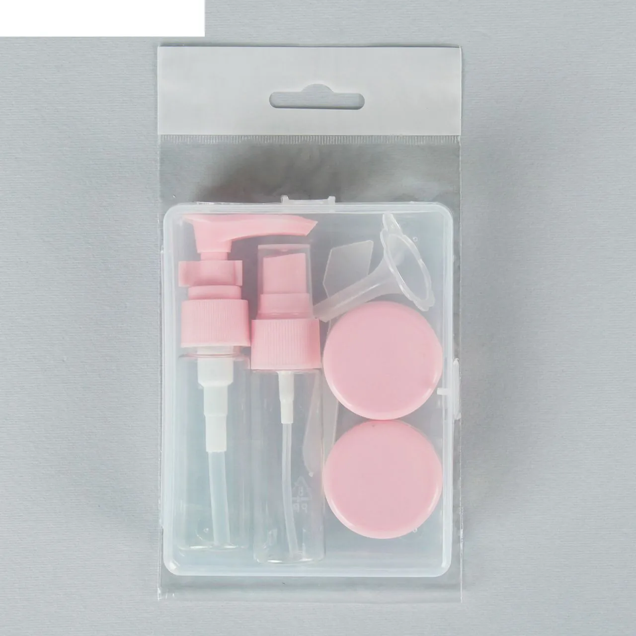 Набор дорожный в футляре: 2 бутылочки по 25мл, 2 баночки по 10гр, лопатка, воронка, цвет розовый