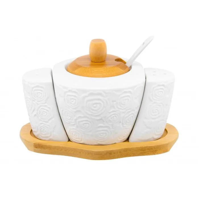 Набор - сахарница + солонка + перечница "Розы" 16*10*11 см, сахарница 10*9*10 см, 300 мл, с ложкой и деревянной крышкой, высота без крышки 7 см, солон