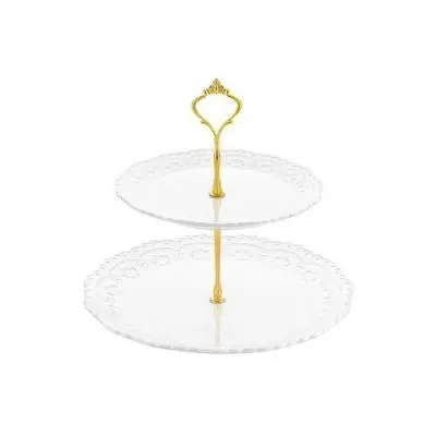Блюдо-этажерка 2-х ярусная "Белый узор" 28*28*25 см, с золотистым креплением, размер блюд 20,5*20,5*1,8 см и 28*28*2,5 см, расстояние между ярусами 11