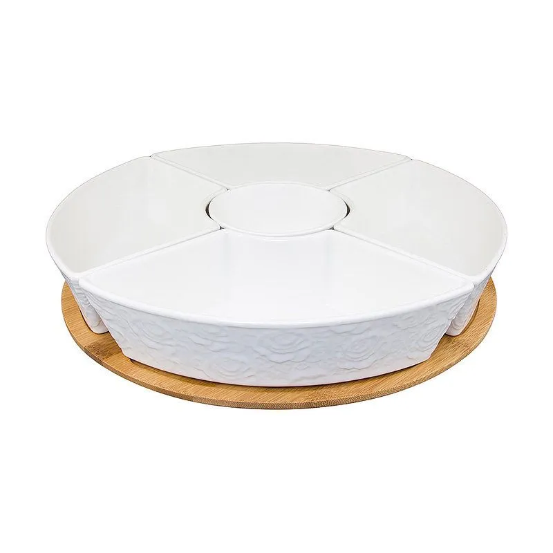 Менажница "Белые розы" 32*32*7,5 см., 5 секций - (круглая - 10*10*5,5 см. 250 мл. п/круг - 4 шт. - 22,5*12*5,5 см. 520 мл. - каждая)